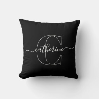 Black White Minimalist Elegant Script Monogram クッション