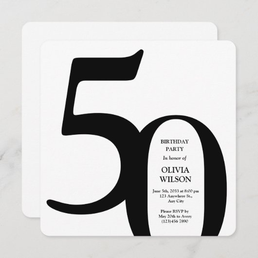 Black & White Minimalist Milestones 50th Birthday  招待状 (正面/裏面)