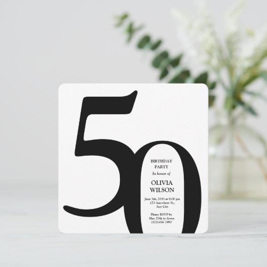 Black & White Minimalist Milestones 50th Birthday  招待状 (スタンド正面)