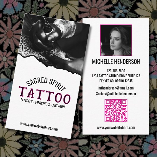 Black & White Modern 2 Photo QR Code Tattooist 名刺