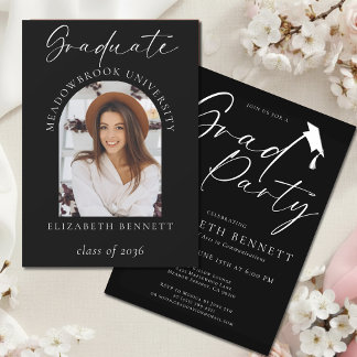 Black White Modern Arch Photo Graduation Party 招待状