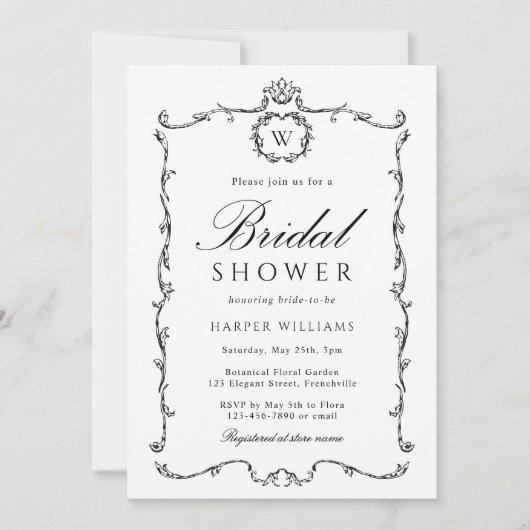 Black & White Modern Classic Frame Bridal Shower 招待状 (正面)