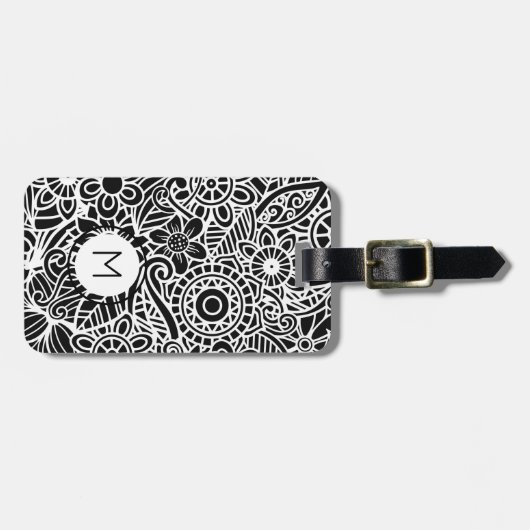 Black White Modern Floral Monogram Initial ラゲッジタグ (正面横)