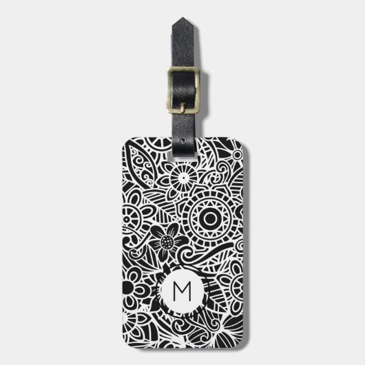 Black White Modern Floral Monogram Initial  ラゲッジタグ (正面縦)