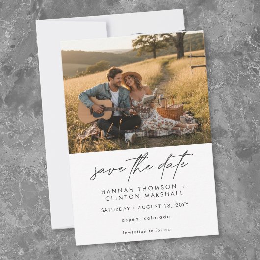 Black White Modern Minimalist Two Photo Wedding セーブザデート