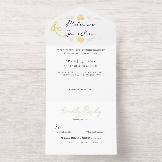 Black white modern minimalist Wedding gold foil オールインワン招待状 (内側)