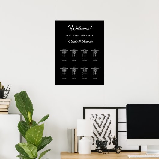 Black white modern script wedding seating chart ポスター (ホームオフィス)