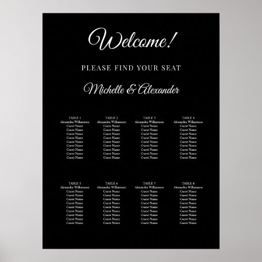 Black white modern script wedding seating chart ポスター (正面)