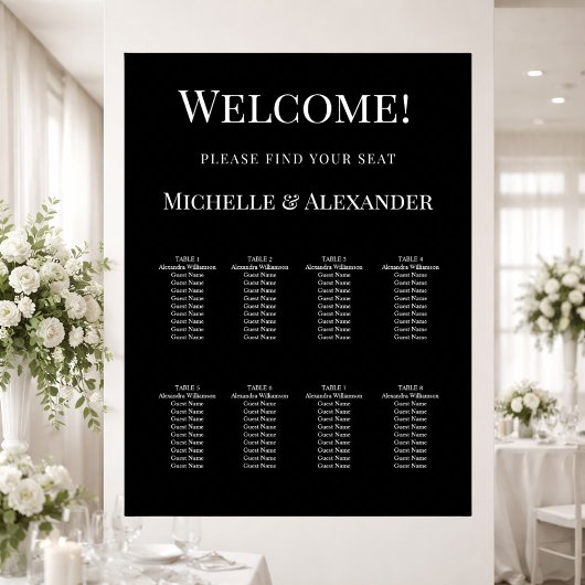 Black white modern simple wedding seating chart ポスター