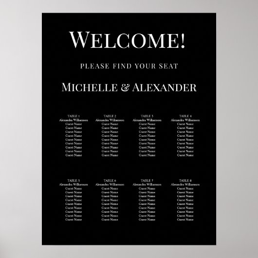 Black white modern simple wedding seating chart ポスター (正面)
