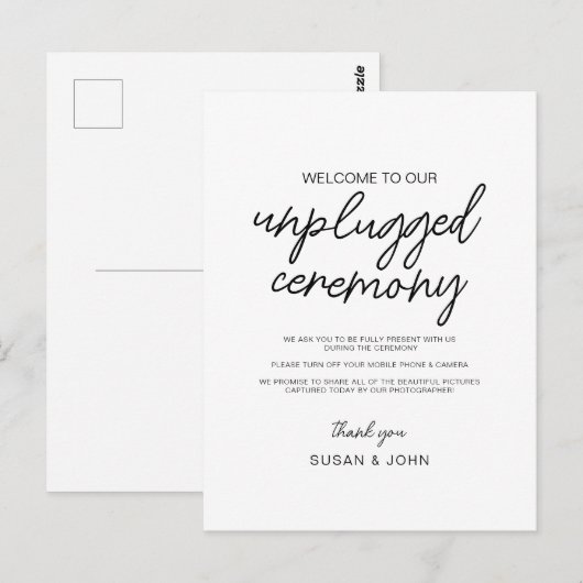 Black & White Modern Unplugged Wedding Sign  ポストカード (正面/裏面)