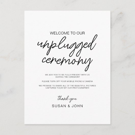 Black & White Modern Unplugged Wedding Sign ポストカード (正面)