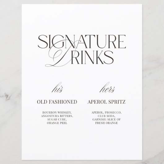 Black & White Modern Wedding Signature Drinks Sign (正面)