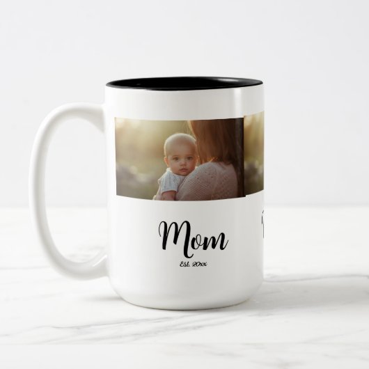 Black White Mom Est. Year 3 Photo New Mom Gift ツートーンマグカップ (左)