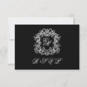 Black White Monogram Crest Elegant Wedding 出欠カード (正面)