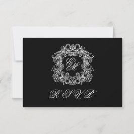 Black White Monogram Crest Elegant Wedding 出欠カード