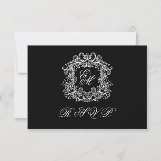 Black White Monogram Crest Elegant Wedding 出欠カード (正面)