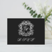 Black White Monogram Crest Elegant Wedding 出欠カード (スタンド正面)