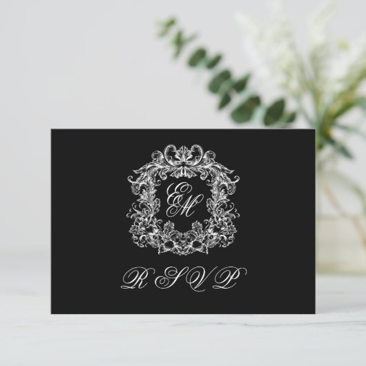 Black White Monogram Crest Elegant Wedding 出欠カード (スタンド正面)