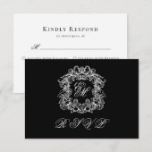 Black White Monogram Crest Elegant Wedding 出欠カード (正面/裏面)