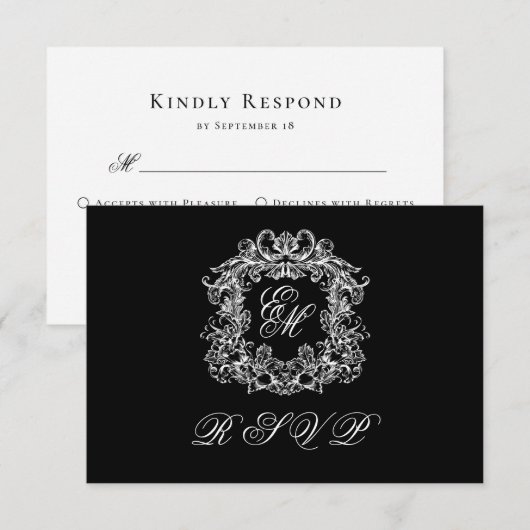 Black White Monogram Crest Elegant Wedding 出欠カード (正面/裏面)