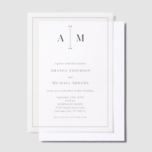 Black White Monogram Minimal Simple Border Wedding ベラム紙招待状 (オフセット)