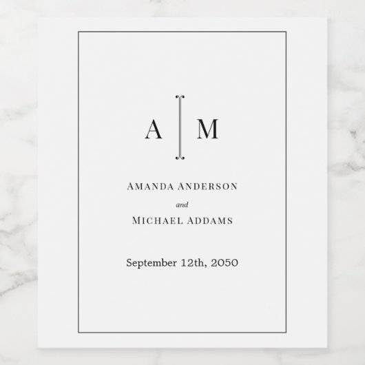 Black White Monogram Minimal Simple Border Wedding ワインラベル (シングルラベル)