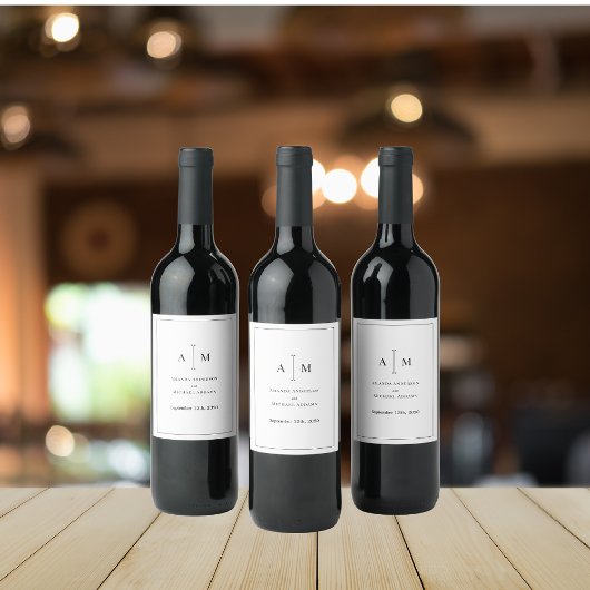 Black White Monogram Minimal Simple Border Wedding ワインラベル