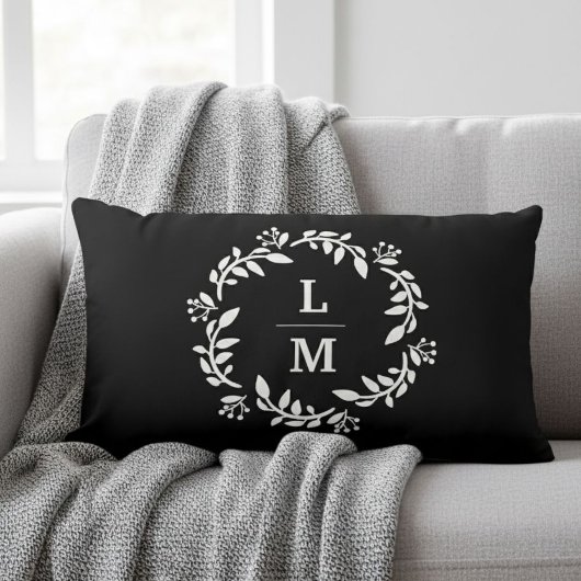 Black & White Monogram Wreath Lumbar Pillow ランバークッション