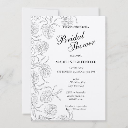 Black & White Monstera Floral Bridal Shower 招待状 (正面)