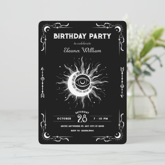 Black white moon sun tarot celestial birthday 招待状 (スタンド正面)