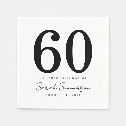 Black White Name Date Sixty 60th Birthday Party スタンダードカクテルナプキン (正面)