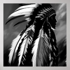 Black White Native American Indian Man profile ポスター