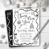 Black White New Year Cheer Hand Drawn Doodle Party 招待状