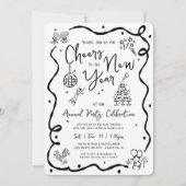 Black White New Year Cheer Hand Drawn Doodle Party 招待状 (正面)