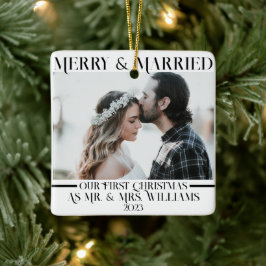 Black & White Newlyweds Mr & Mrs.1フォトクリスマス セラミックオーナメント