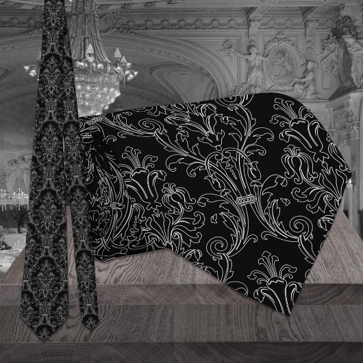 Black & White Outline Floral Damask Wedding ネクタイ