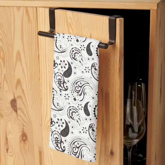 Black & White Paisley Pattern –Elegant Textile Art キッチンタオル (三つ折り)