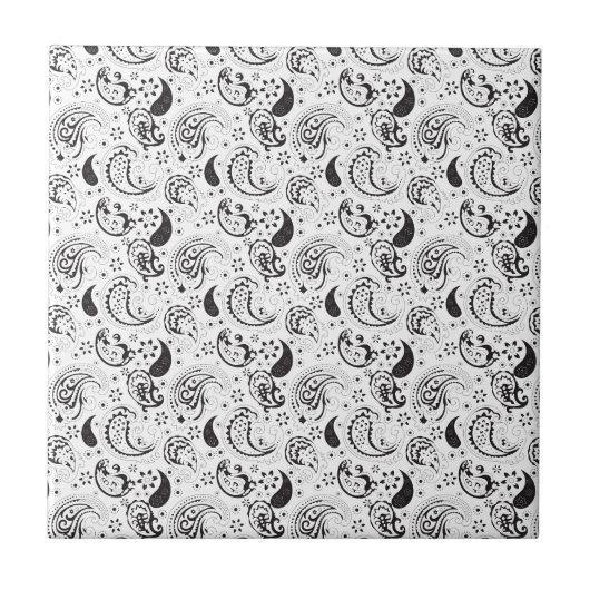Black & White Paisley Pattern –Elegant Textile Art タイル (正面)