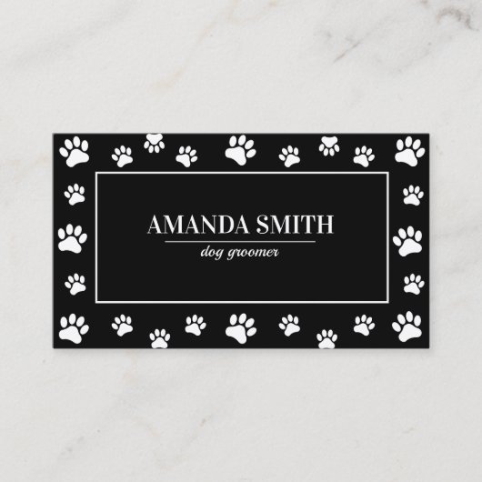 Black & White Paw Prints Dog Groomer Business Card 名刺 (正面)