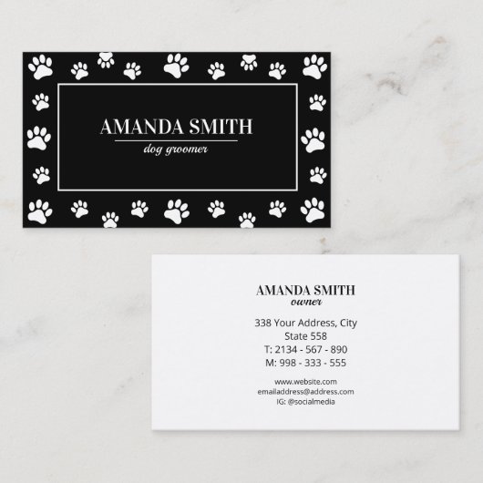 Black & White Paw Prints Dog Groomer Business Card 名刺 (正面/裏面)