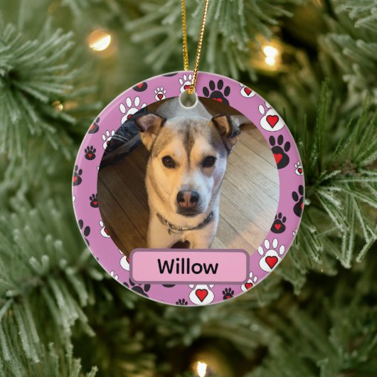 Black White Pawprint Red hearts Name pink Ornament セラミックオーナメント (ツリー)