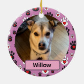 Black White Pawprint Red hearts Name pink Ornament セラミックオーナメント (裏面)