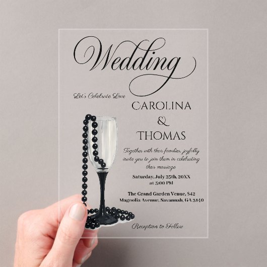 Black & White Pearl Champagne Glass Wedding アクリル招待状 (インサイチュ (ポータブル))