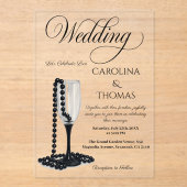 Black & White Pearl Champagne Glass Wedding アクリル招待状 (正面)
