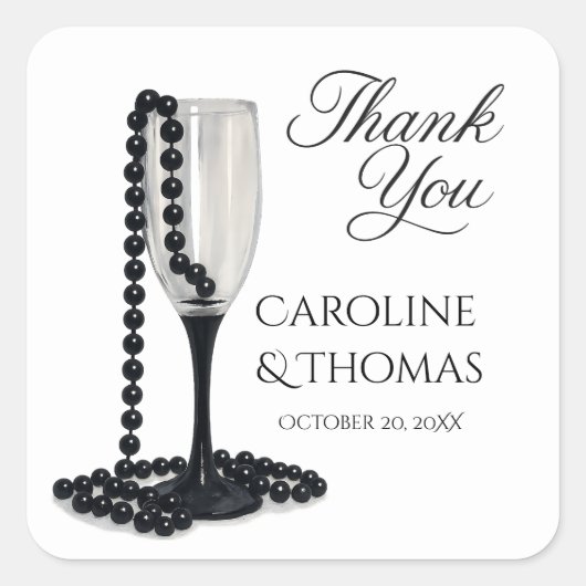 Black & White Pearl Champagne Glass Wedding スクエアシール (正面)