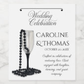 Black & White Pearl Champagne Glass Wedding ワインラベル (シングルラベル)