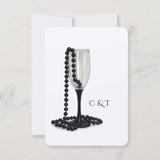 Black & White Pearl Champagne Glass Wedding 出欠カード (裏面)