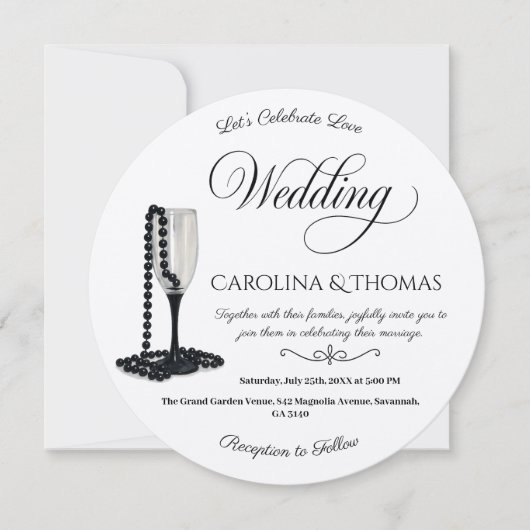 Black & White Pearl Champagne Glass Wedding 招待状 (正面)