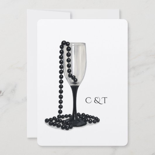 Black & White Pearl Champagne Glass Wedding 招待状 (裏面)